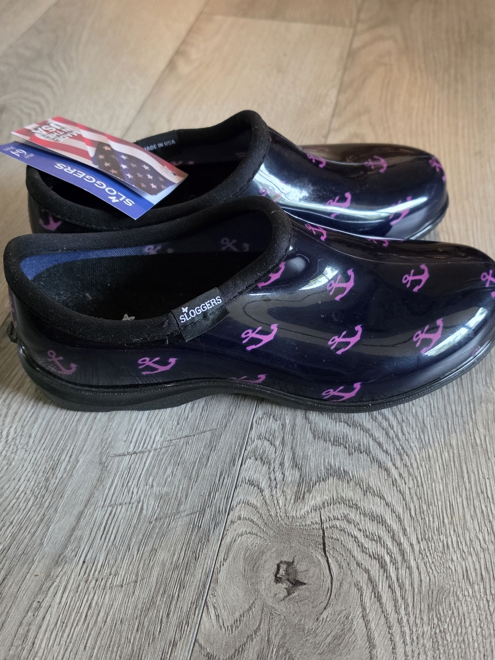 Sloggers Black Waterproof Slip-On Rain Clogs with Pink Anchor Print - Picture 2 of 9